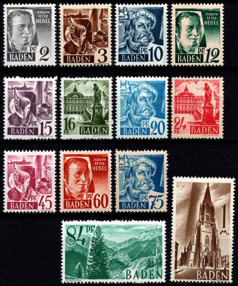 Pokario Vokietija, Prancūzų zona, Badeno žemės, pilna serija, MiNr 1-13 MNH** D