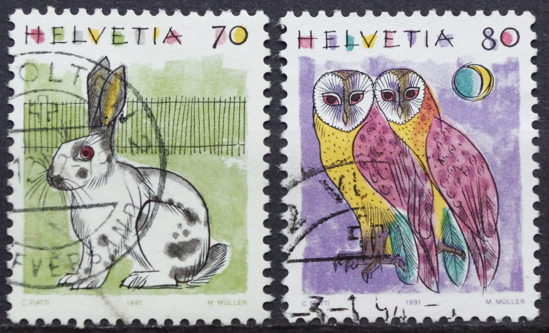 Šveicarijos pašto ženklai: Gyvūnai: triušis ir pelėdos