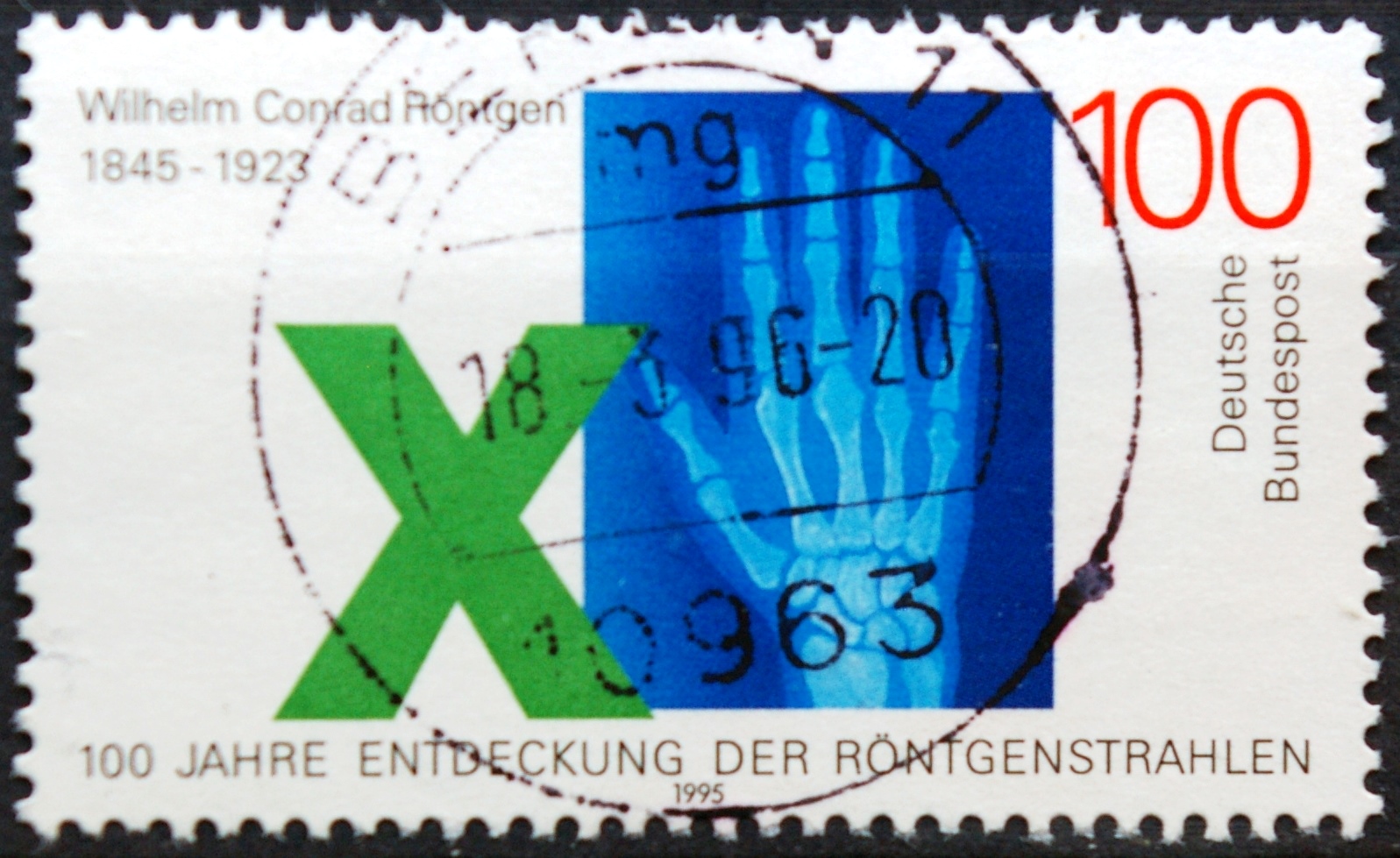 pašto ženklas, Vokietija. Fiziko Vilhelmo Konrado Rentgeno 150-osios gimimo metinės ir 100 metų pirmai rentgeno nuotraukai