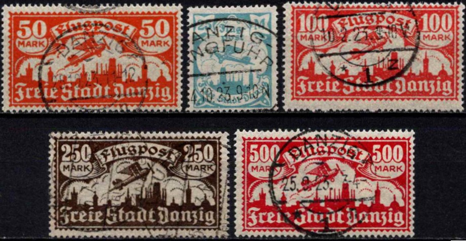 Laisvasis miestas Danzigas, pilna oro pašto serija, MiNr 133-137 Used (O)