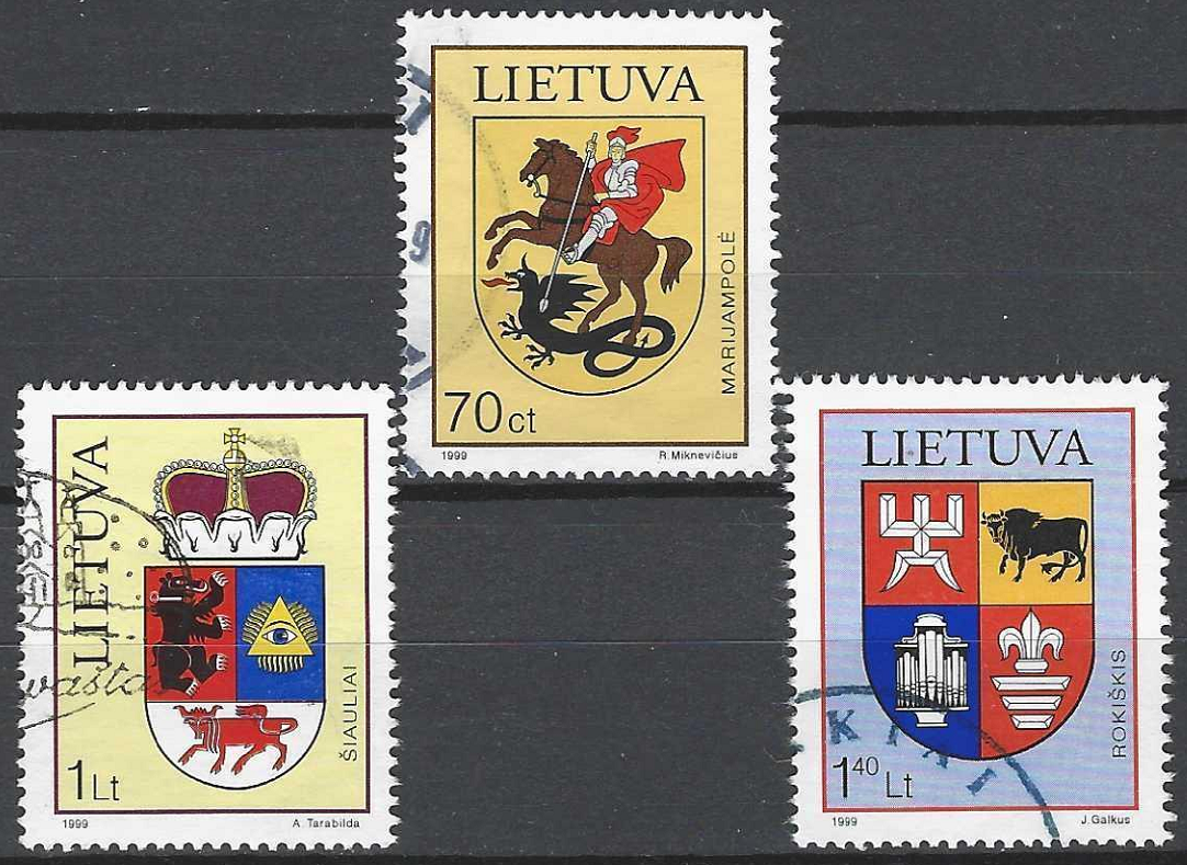 pašto ženklai, Lietuva. Lietuvos miestų herbai: Marijampolė, Šiauliai, Rokiškis