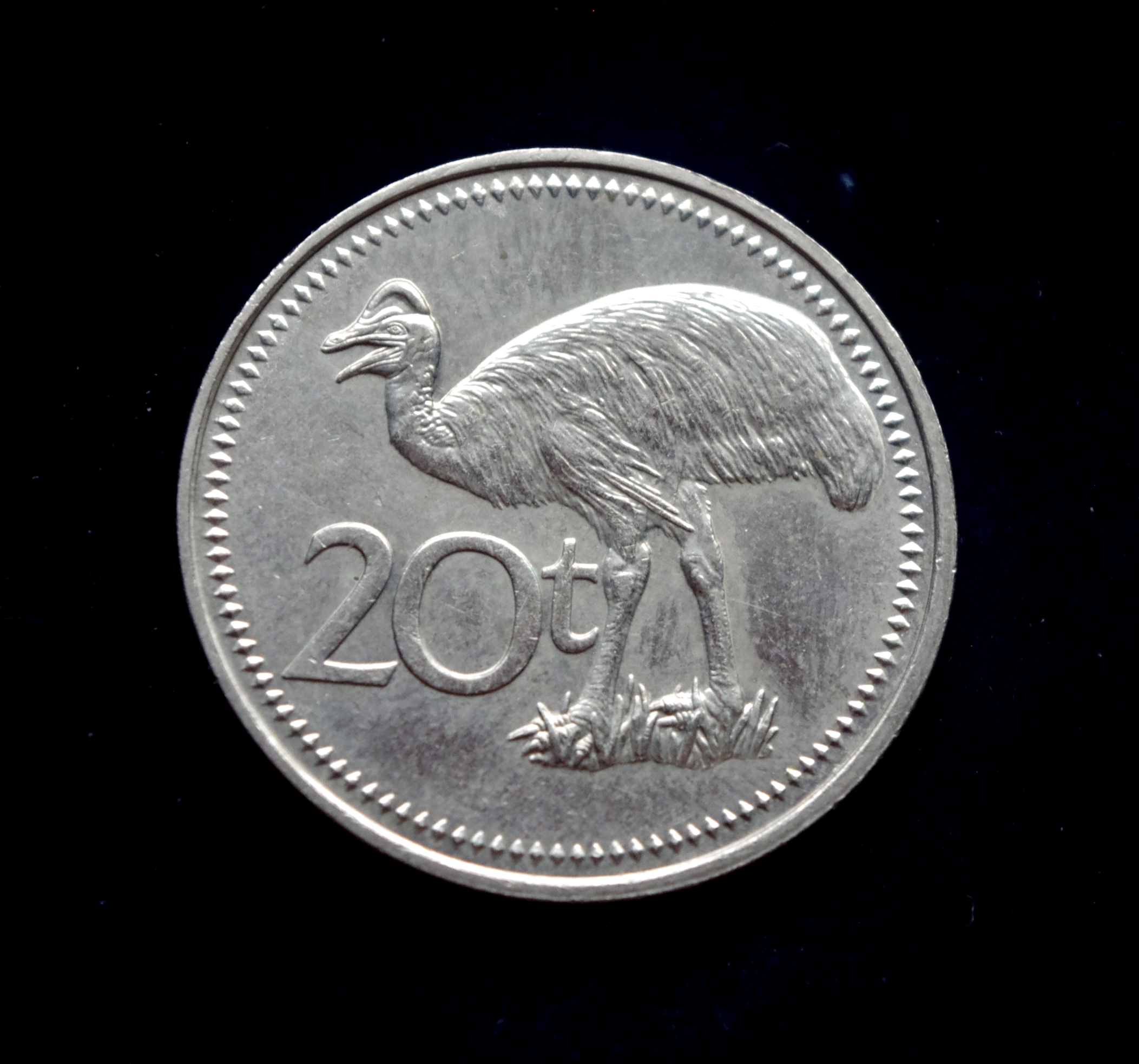 Papua Naujosios Gvinėjos 20 tojų moneta. Didysis rojaus paukštis, kazuaras