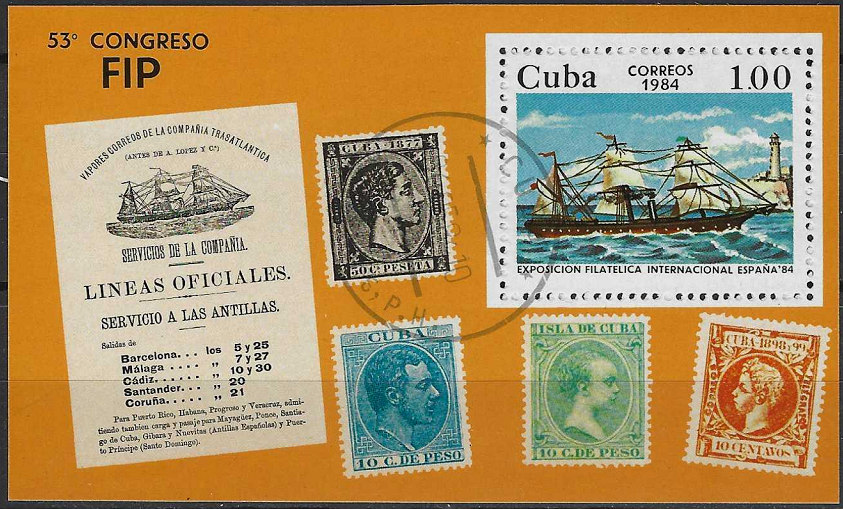 Pašto blokas, Kuba. Filatelijos paroda ESPAÑA'84. Pašto garlaivis „Buenos Airės“