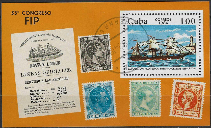 Pašto blokas, Kuba. Filatelijos paroda ESPAÑA'84. Pašto garlaivis „Buenos Airės“