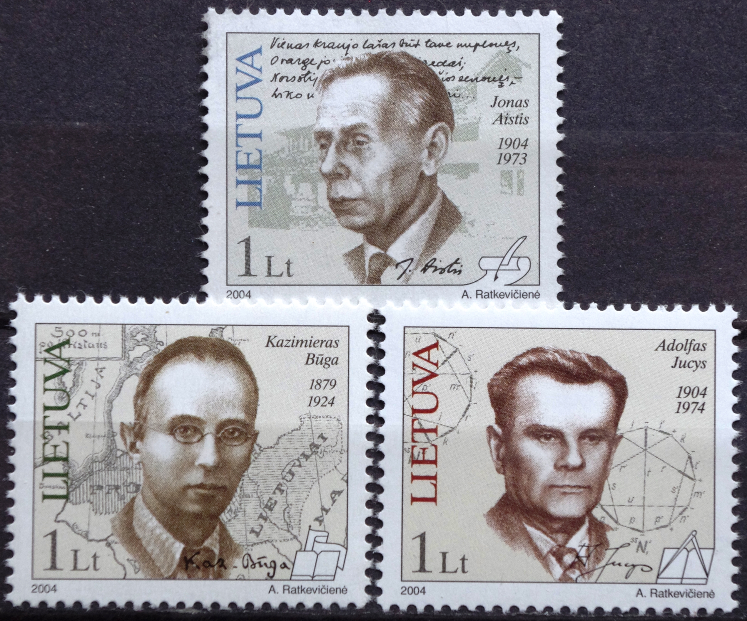 pašto ženklai, Lietuva. Žymūs Lietuvos žmonės: rašytojas Jonas Aistis, filologas Kazimieras Būga, fizikas Adolfas Jucys
