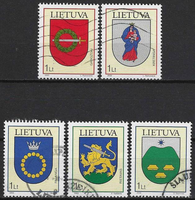 Pašto ženklų serija - Lietuvos miestų herbai: Gargždai, Kretinga, Palanga, Papilė, Rietavas