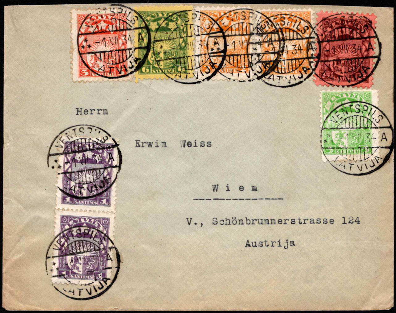 Latvija, tarpukario vokas su MiNr 117x2, 118, 120, 149x2 ir 171-172