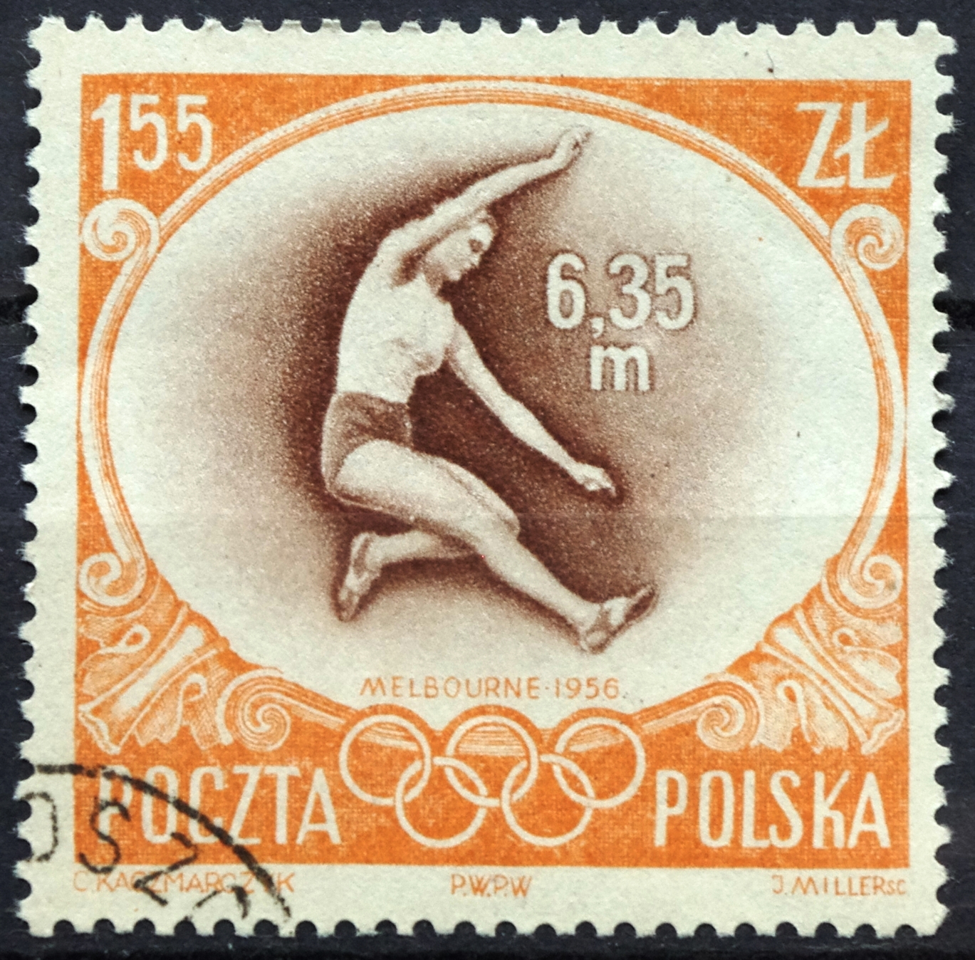 pašto ženklai, Lenkija, 1956 m. Melburno olimpinės žaidynės. Elzbietos Krzezinskos-Dunskos 6,35 metro šuolis
