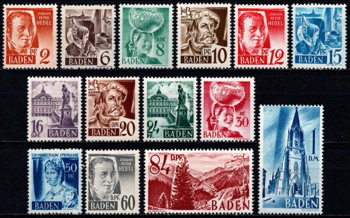 Pokario Vokietija, Prancūzų zona, Badeno žemės, pilna serija, MiNr 14-27 MLH*