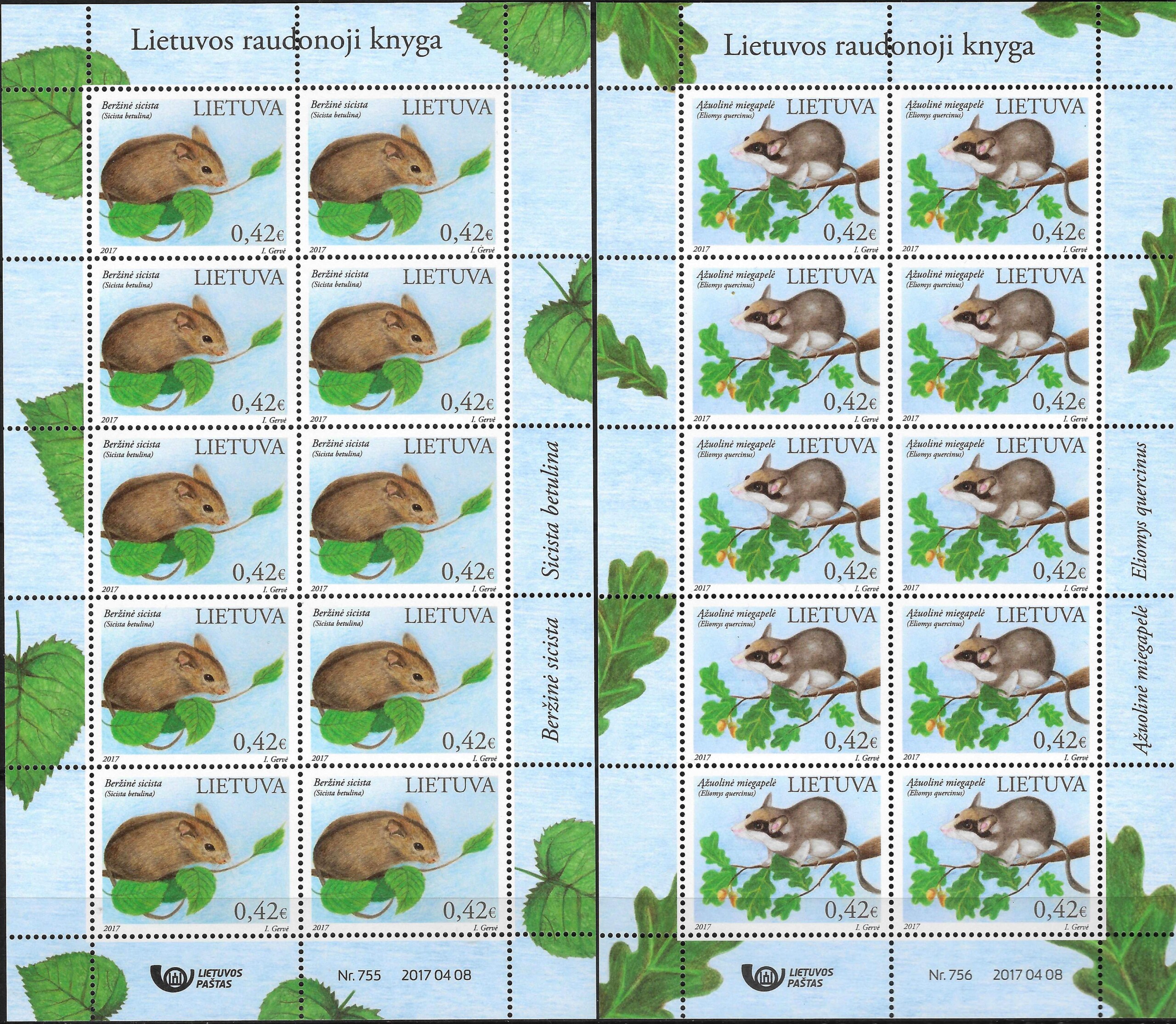 Pašto ženklai, Lietuva, Lietuvos raudonoji knyga: Ąžuolinė miegapelė ir Beržinė sicista