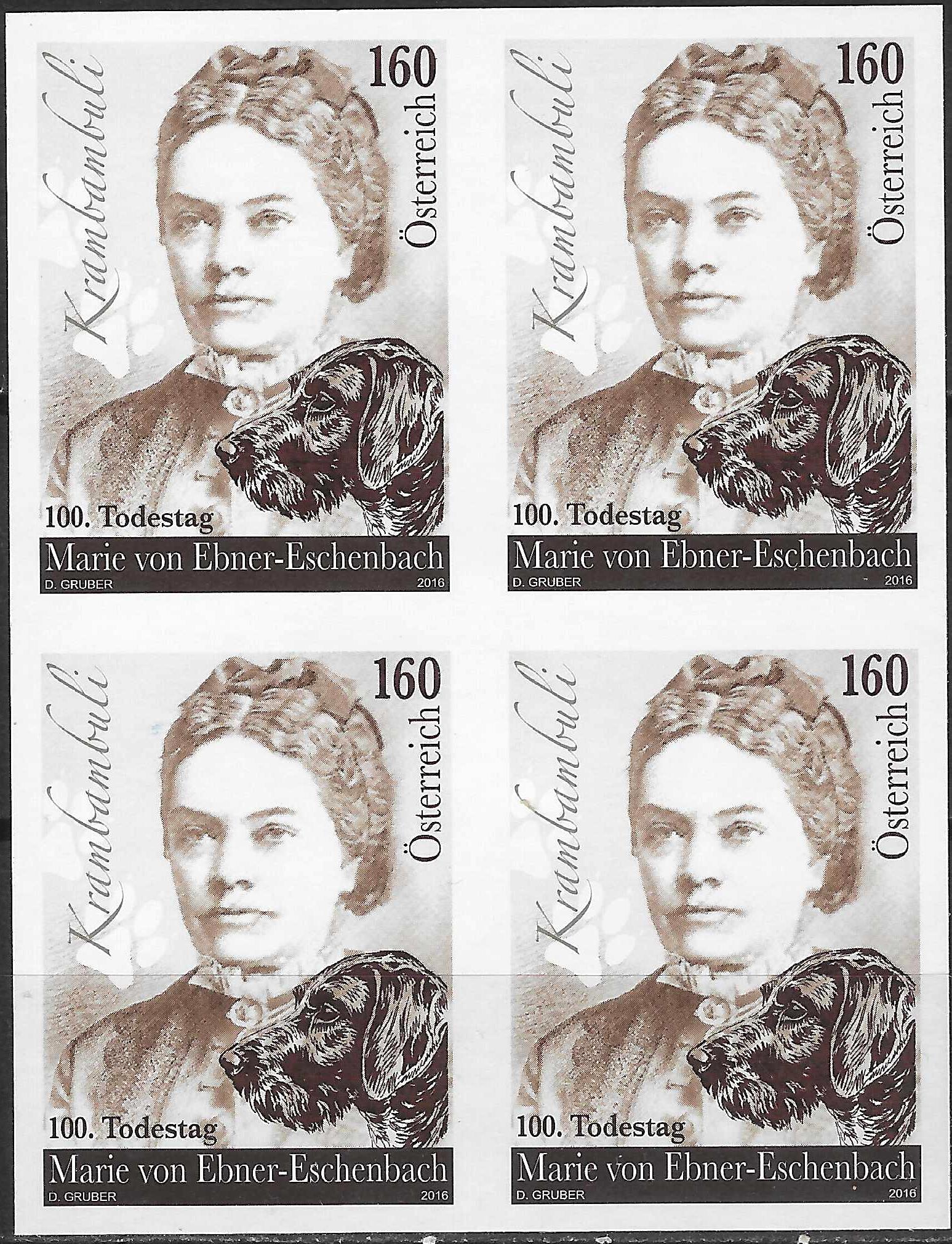 Pašto ženklų kvartblokis, Austrija. Rašytojos Marie von Ebner-Eschenbach 100-osios mirties metinės