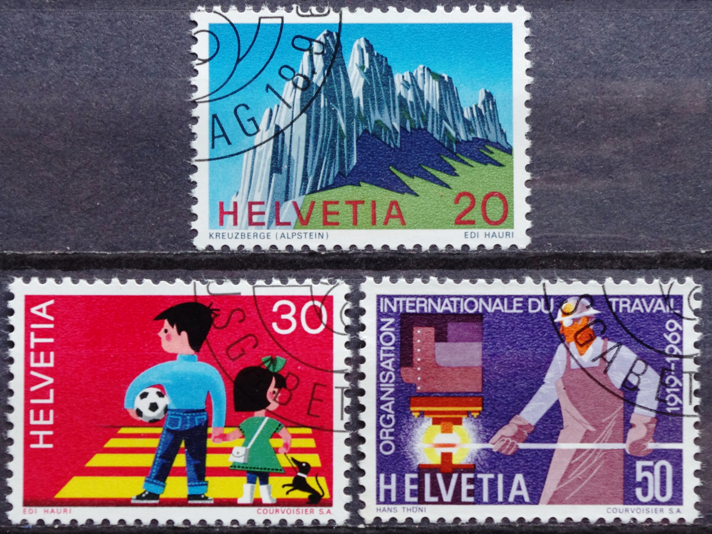 Pašto ženklai, Šveicarija. Šveicarijos Alpės, Vaikai eismo dalyviai, Tarptautinės darbo organizacijos 50-metis