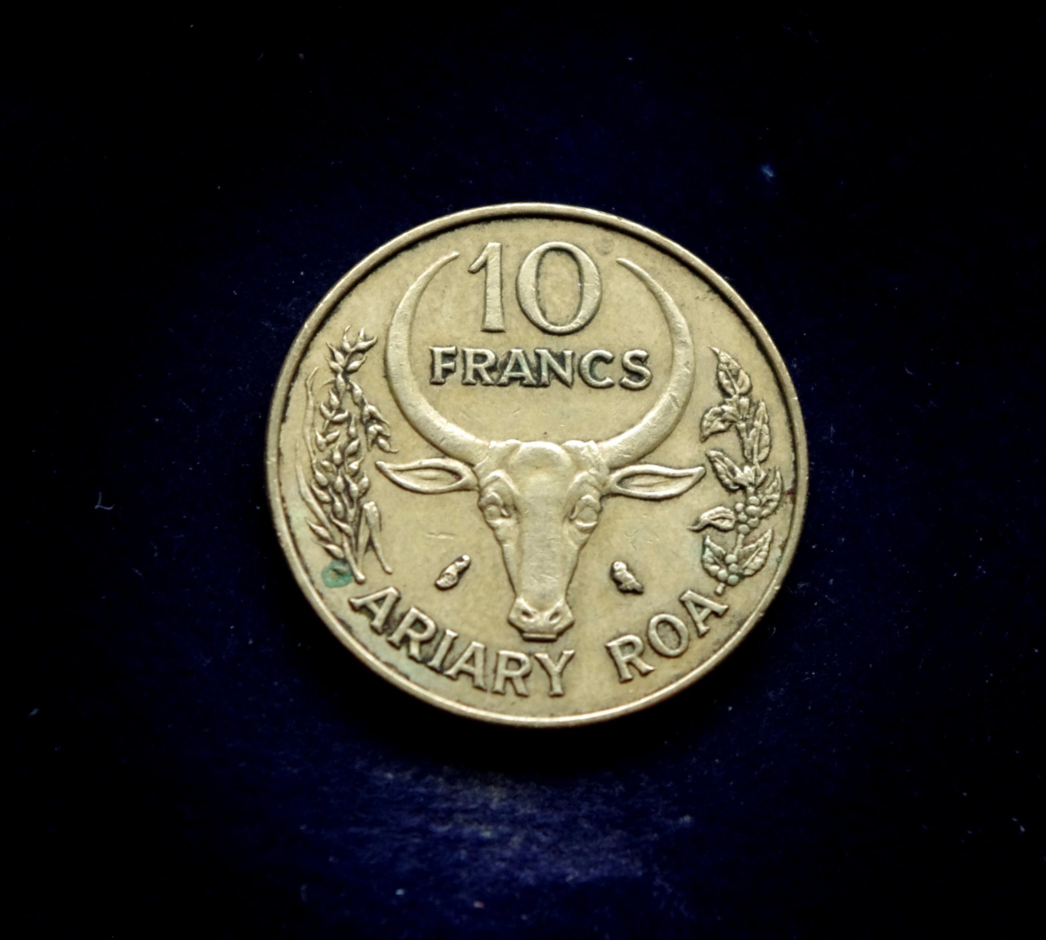 Madagaskaro 10 frankų moneta. Bulius ir vanilė