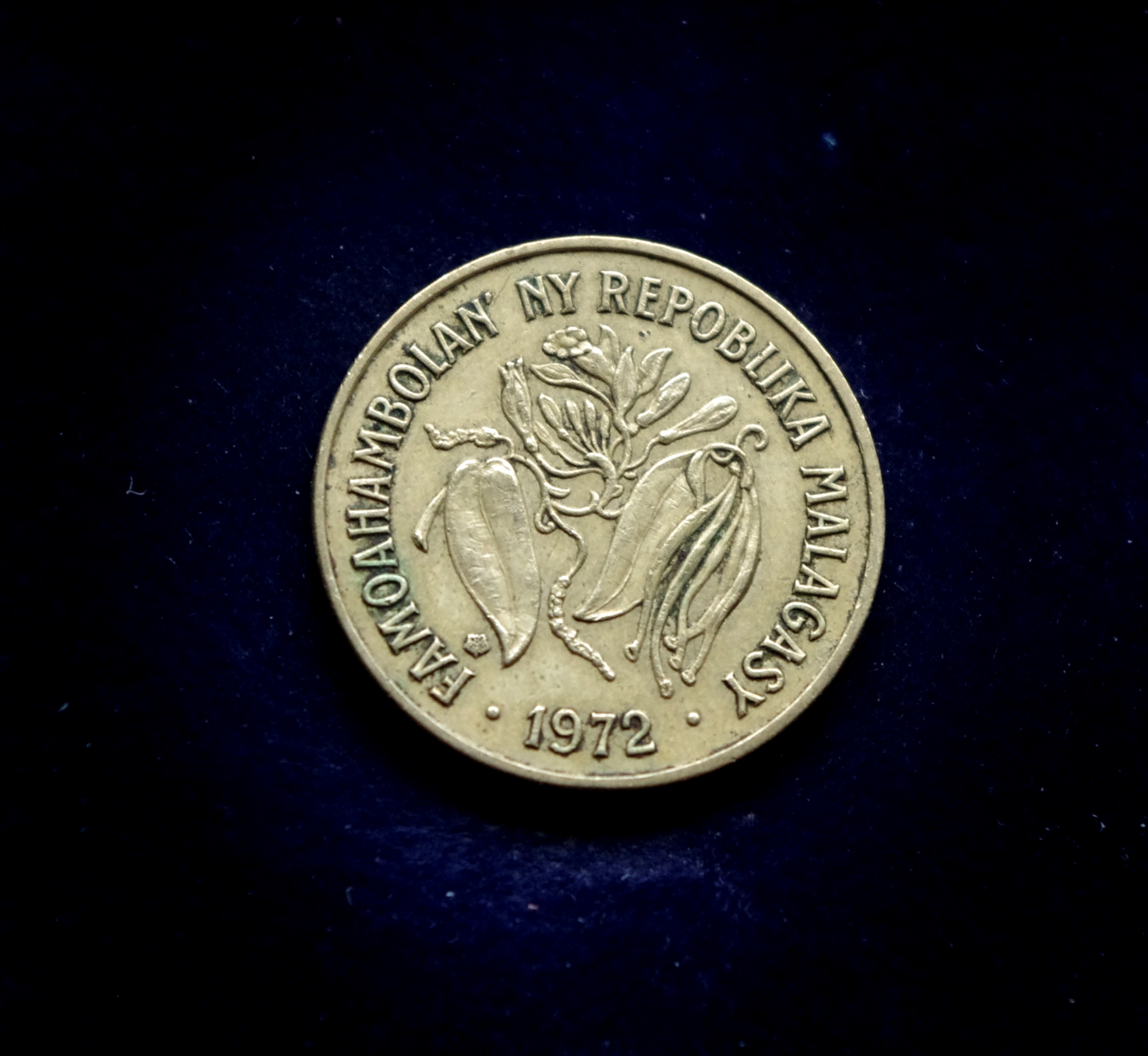 Madagaskaro 10 frankų moneta. Bulius ir vanilė