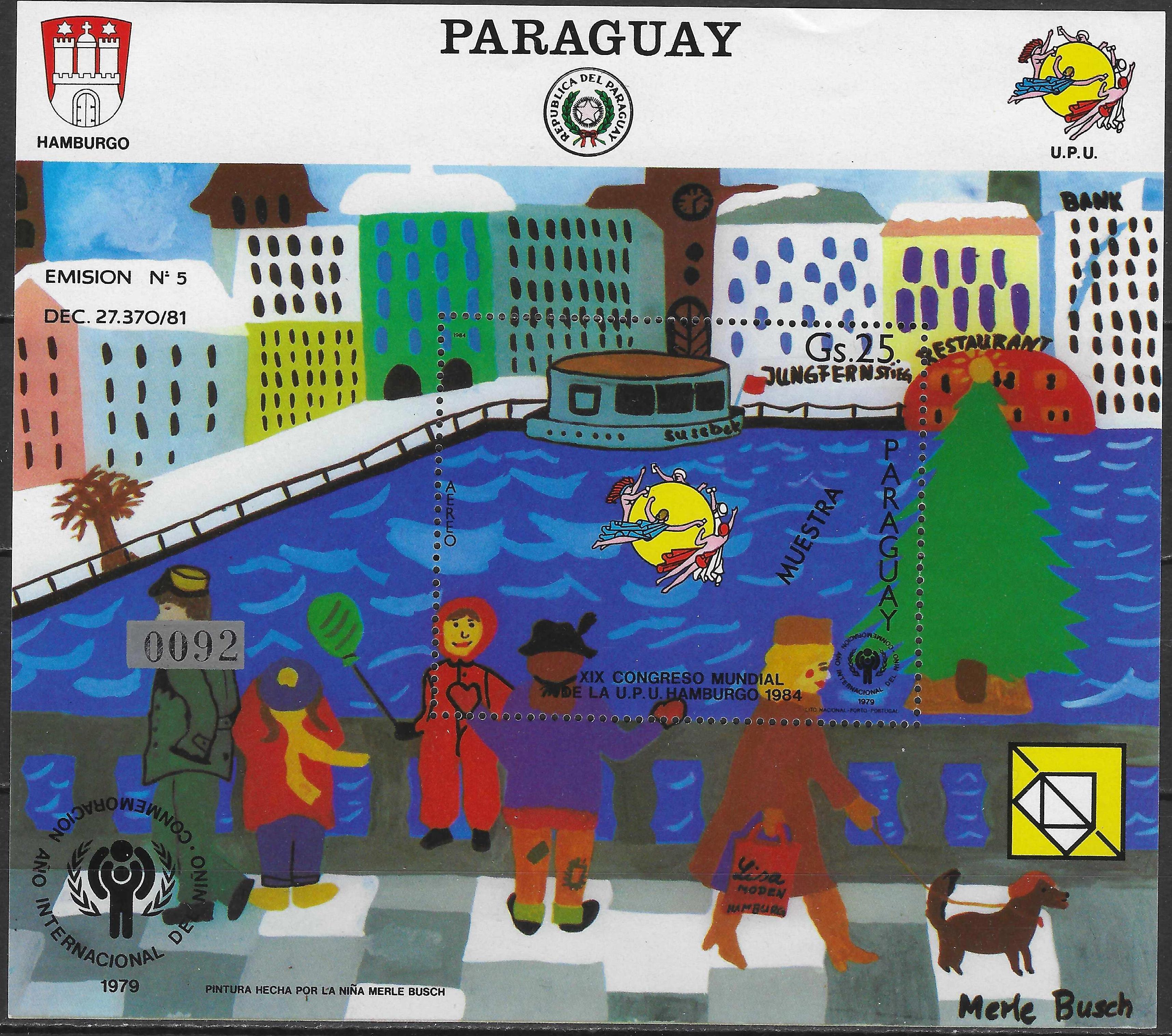 pašto ženklų blokas, Paragvajus. 19-asis UPU kongresas Hamburge, Vokietijoje