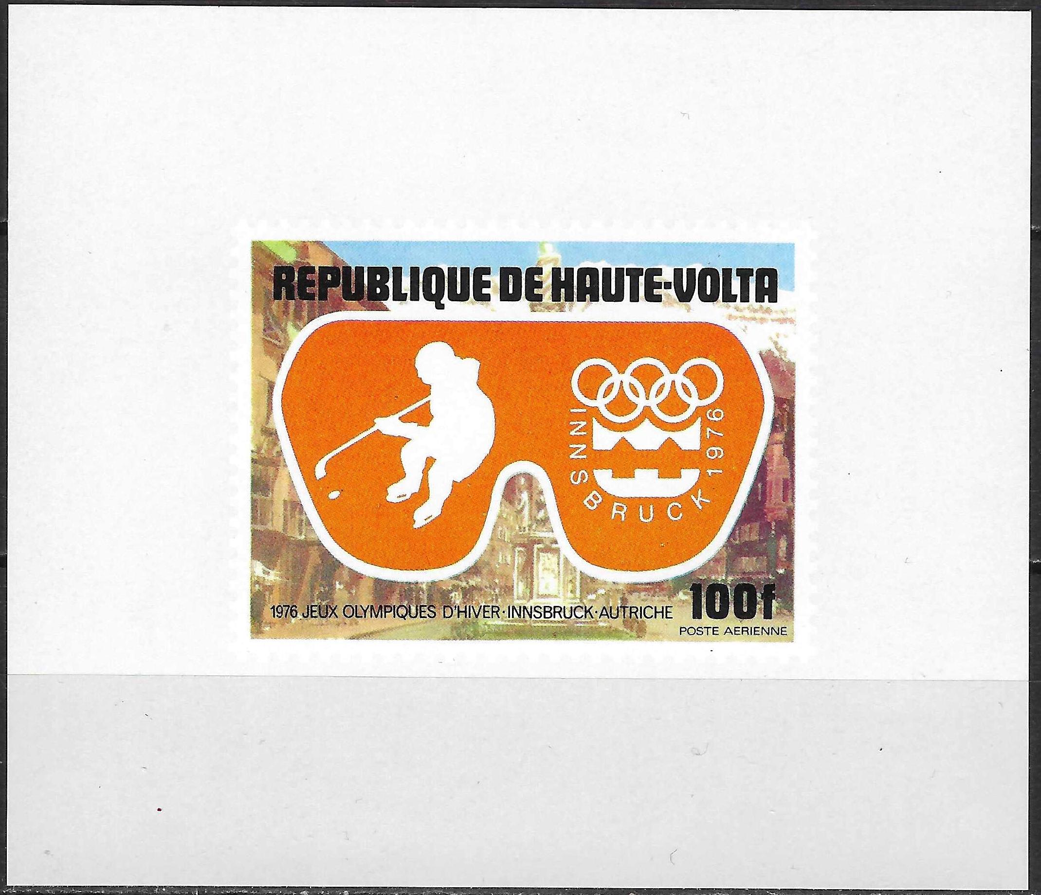 Pašto ženklų blokas, Aukštutinė Volta. 1976 m. žiemos olimpinės žaidynės Insbruke, Austrijoje. Ledo rituly