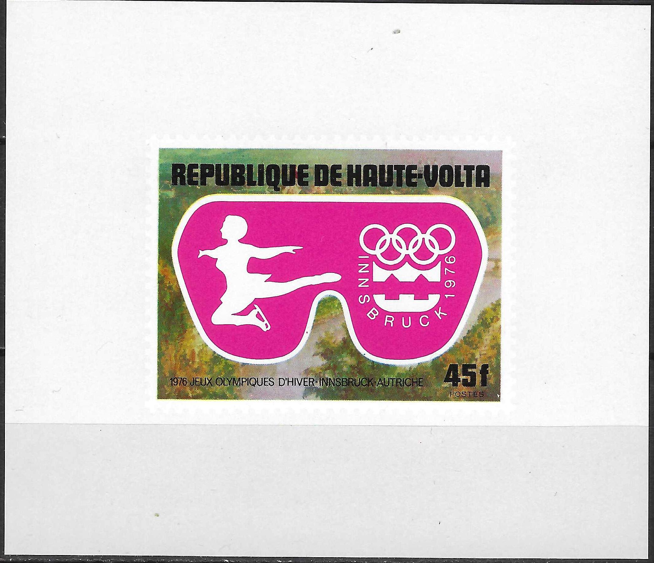 Pašto ženklų blokas, Aukštutinė Volta. 1976 m. žiemos olimpinės žaidynės Insbruke, Austrijoje. Dailusis čiuožimas