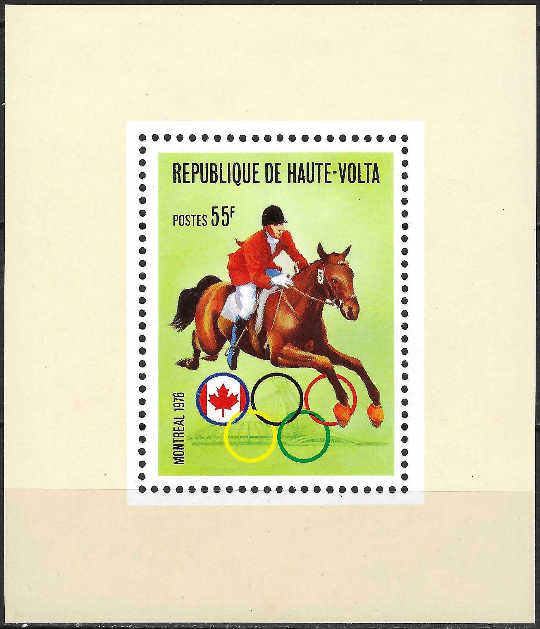 Pašto ženklų blokas, Aukštutinė Volta. 1976 m. vasaros olimpinės žaidynės Monrealyje, JAV. Jojimas