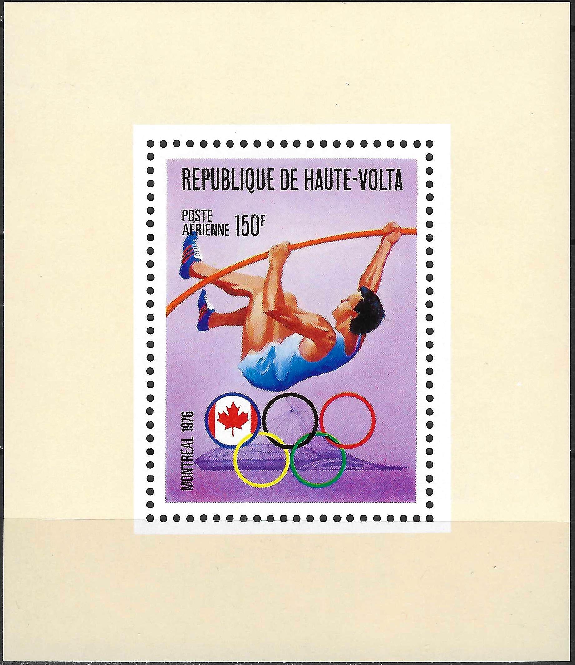 Pašto ženklų blokas, Aukštutinė Volta. 1976 m. vasaros olimpinės žaidynės Monrealyje, JAV. Šuolis su kartimi