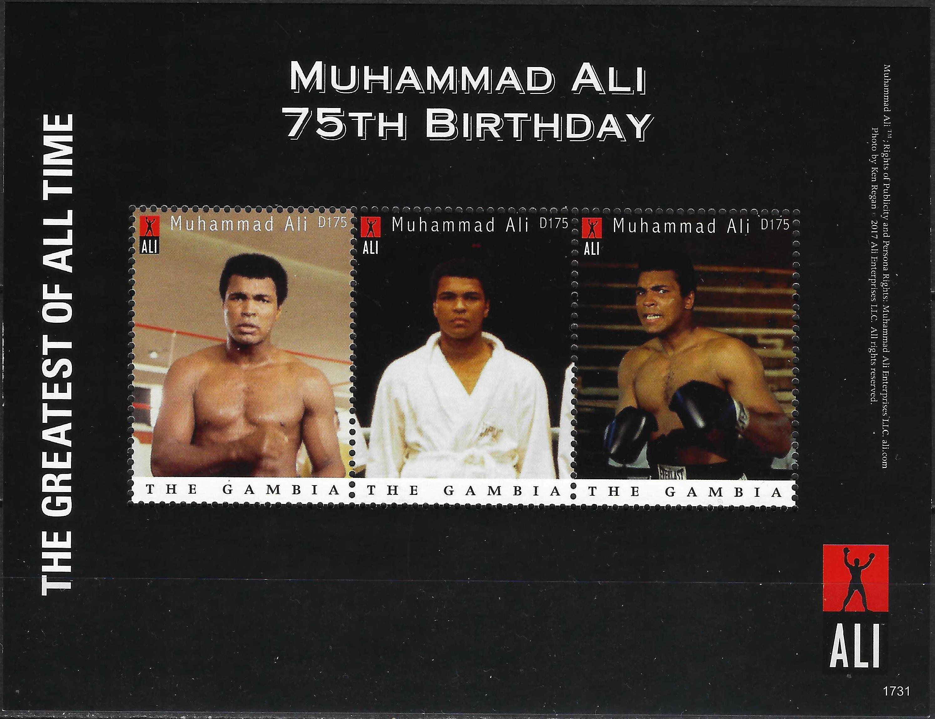 mažasis pašto ženklų lapukas, Gambija. Boksininko Muhammad Ali 75-osios gimimo metinės