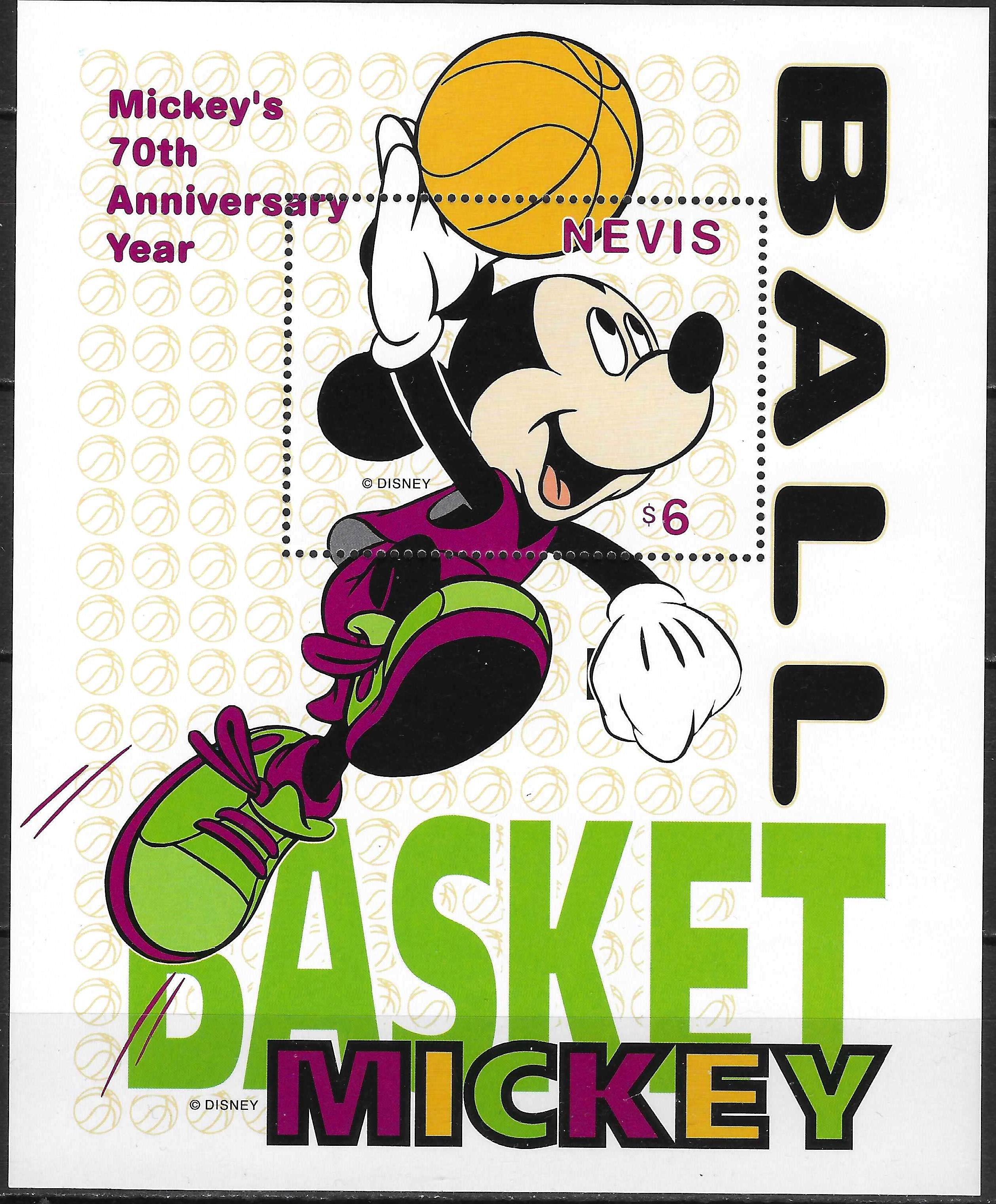 Pašto blokas, Nevis. Mickey Mouse 70-osios gimimo metinės