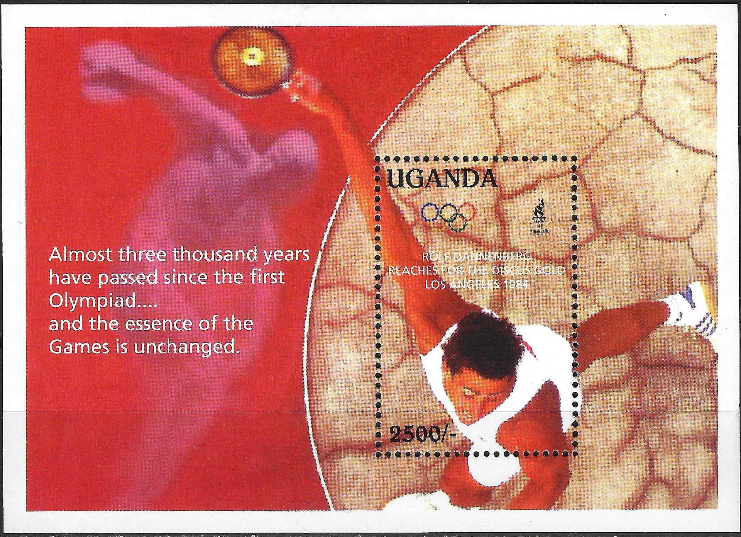 Pašto blokas, Uganda. 1996 m. vasaros olimpinės žaidynės Atlantoje, JAV. Disko metikas Rolf Dannenberg