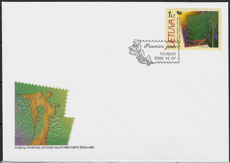 Pirmos dienos vokas. 10 metų atkurtos Lietuvos valstybės pašto ženklams