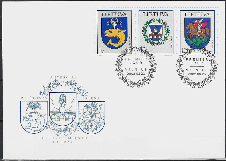 Pirmos dienos vokas. Miestų herbai: Birštonas, Anykščiai, Prienai