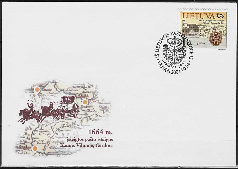 Pirmos dienos vokas. Lietuvos pašto istorija. 1664m įsteigtos pašto įstaigos Vilniuje, Kaune ir Gardine