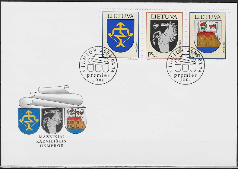 Pirmos dienos vokas. Lietuvos miestų herbai: Mažeikiai, Ukmergė, Radviliškis