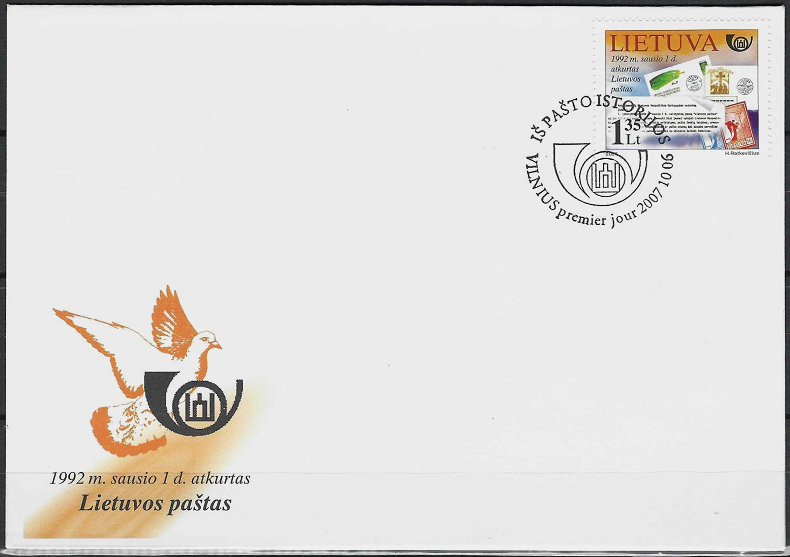Pirmos dienos vokas. Iš Lietuvos pašto istorijos. 1992 m. sausio 1 d. atkurtas Lietuvos paštas