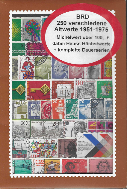 250 vienetų skirtingų, 1951 - 1975 metų VFR pašto ženklų pakuotė.