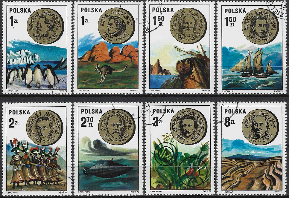 pašto ženklai, Lenkija. Pašto ženklų serija skirta Lenkijos mokslininkams, tyrinėtojams ir atradėjams