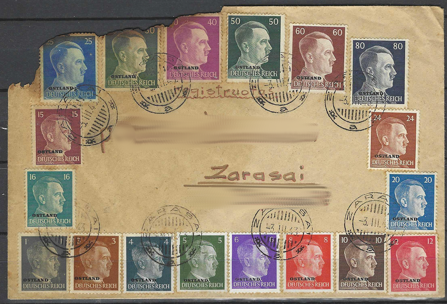 Vokietijos okupuotos Lietuvos vokas su Ostland pašto ženklais MiNr 1-18, antspauduotas Zarasų pašte