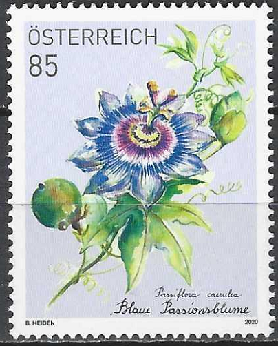 pašto ženklas, Austrija. Gėlės - Mėlynoji pasiflora