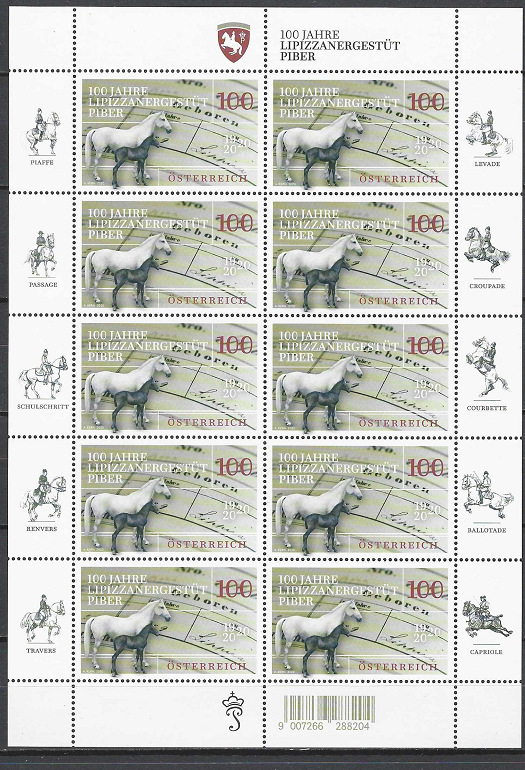 pašto ženklas, Austrija. Lipizzaner žirgyno 100-mečio jubiliejus Piberyje