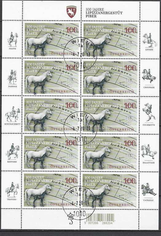 pašto ženklas, Austrija. Lipizzaner žirgyno 100-mečio jubiliejus Piberyje