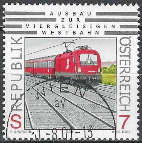 pašto ženklas, Austrija. Keturių bėgių kelio išplėtimas. Traukinys su lokomotyvu "Taurus"