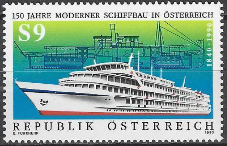 pašto ženklas, Austrija. 150 metų modernių laivų statybai Austrijoje. Kruizinis laivas "Anton Tschechow"