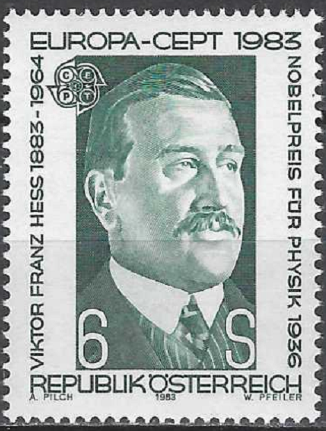 pašto ženklas, Austrija. Europa CEPT serija: didieji žmonijos protai: Victor Franz Hess - fizikas, Nobelio premijos laureatas
