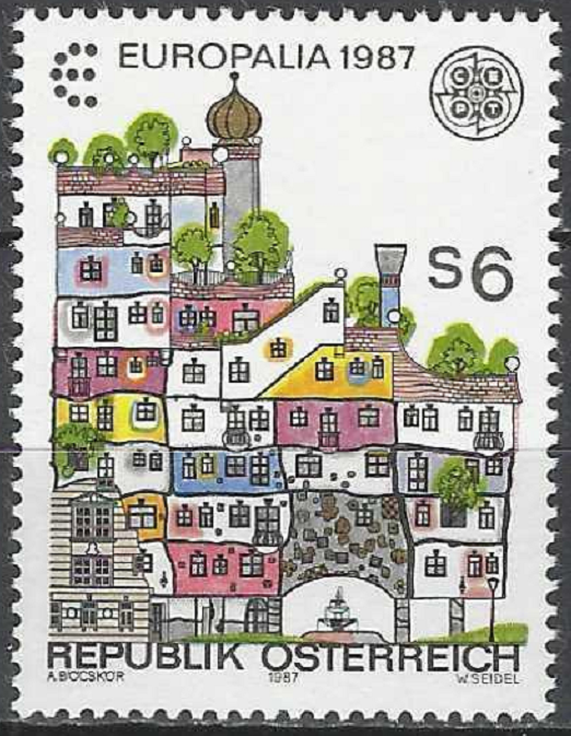 pašto ženklas, Austrija. Europa CEPT serija. Modernioji architektūra: Hundertwasser namas Vienoje