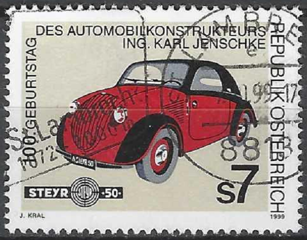 pašto ženklas, Austrija. Automobilių konstruktoriaus Karl Jenschke 100-osios gimimo metinės. Steyr 50 "Baby"
