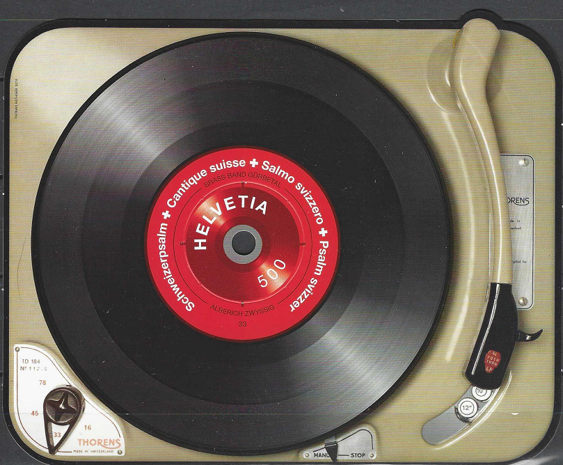 Pašto blokas, Šveicarija. Įrašai. Bloko krašte yra garso takelis su įspausta Šveicarijos himno melodija, kurią galima pagroti patefonu