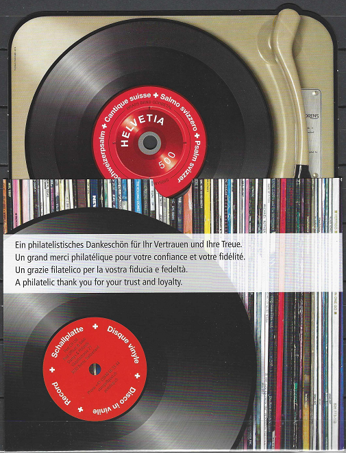 Pašto blokas, Šveicarija. Įrašai. Bloko krašte yra garso takelis su įspausta Šveicarijos himno melodija, kurią galima pagroti patefonu