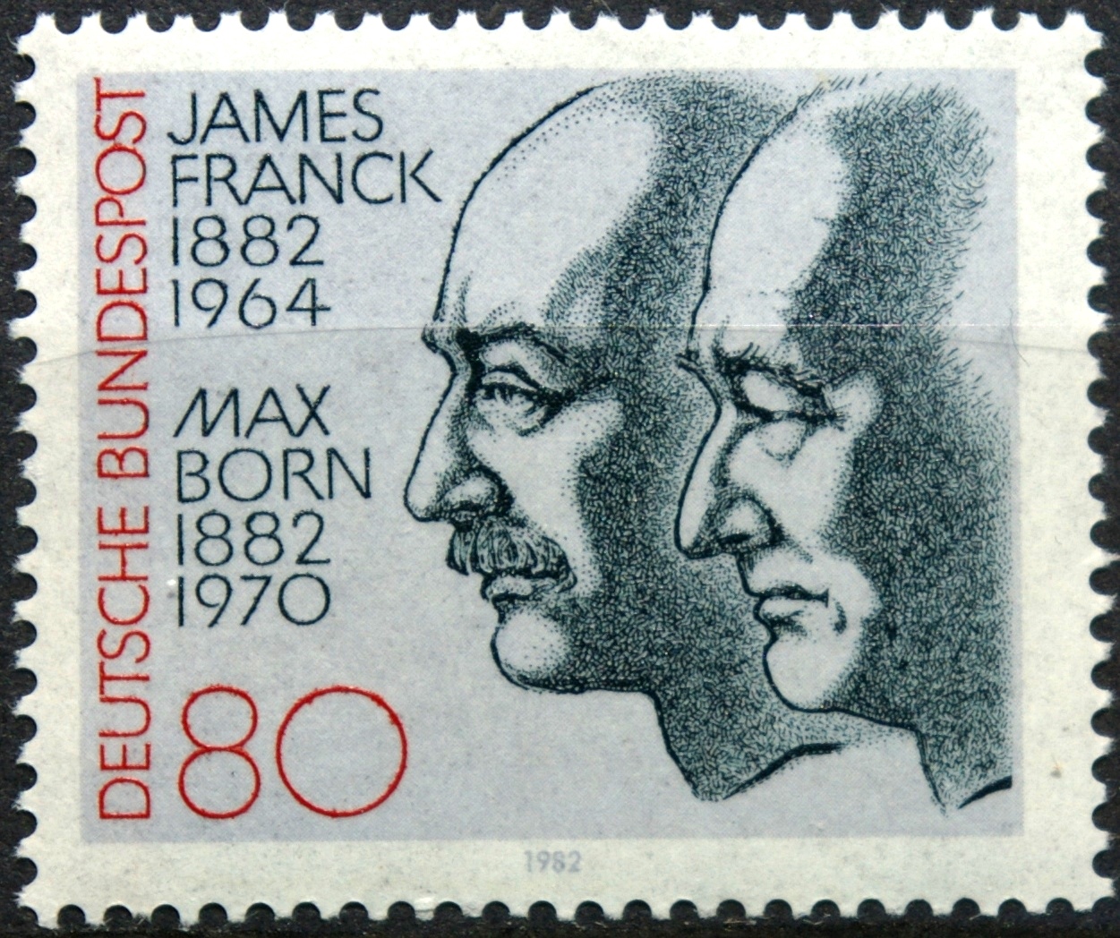 pašto ženklas, Vokietija. Fizikų, A. Nobelio premijos lauretų Džeimso Franko ir Makso Borno 100-osios gimimo metinės