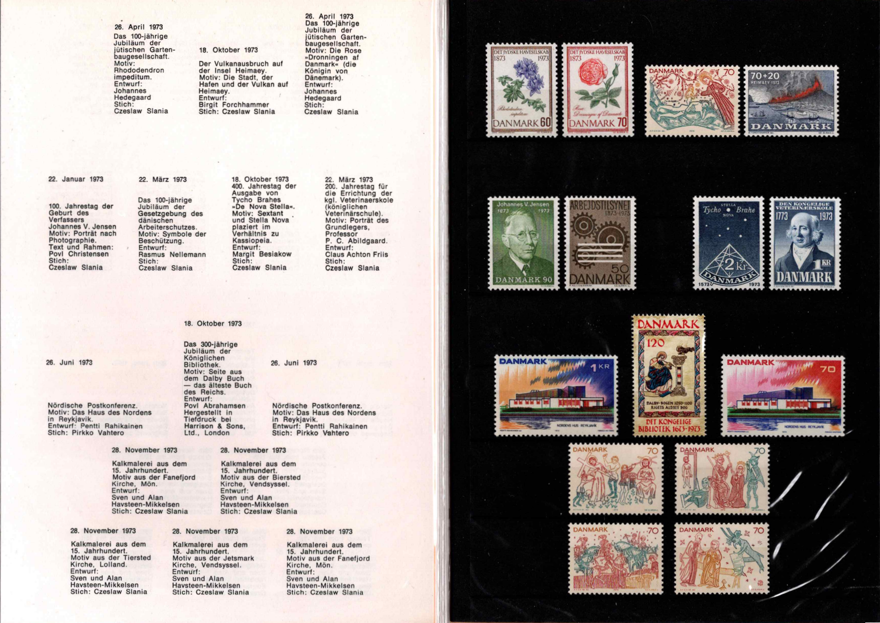 Pilna 1973 m. Danijos pašto ženklų kolekcija originaliame buklete