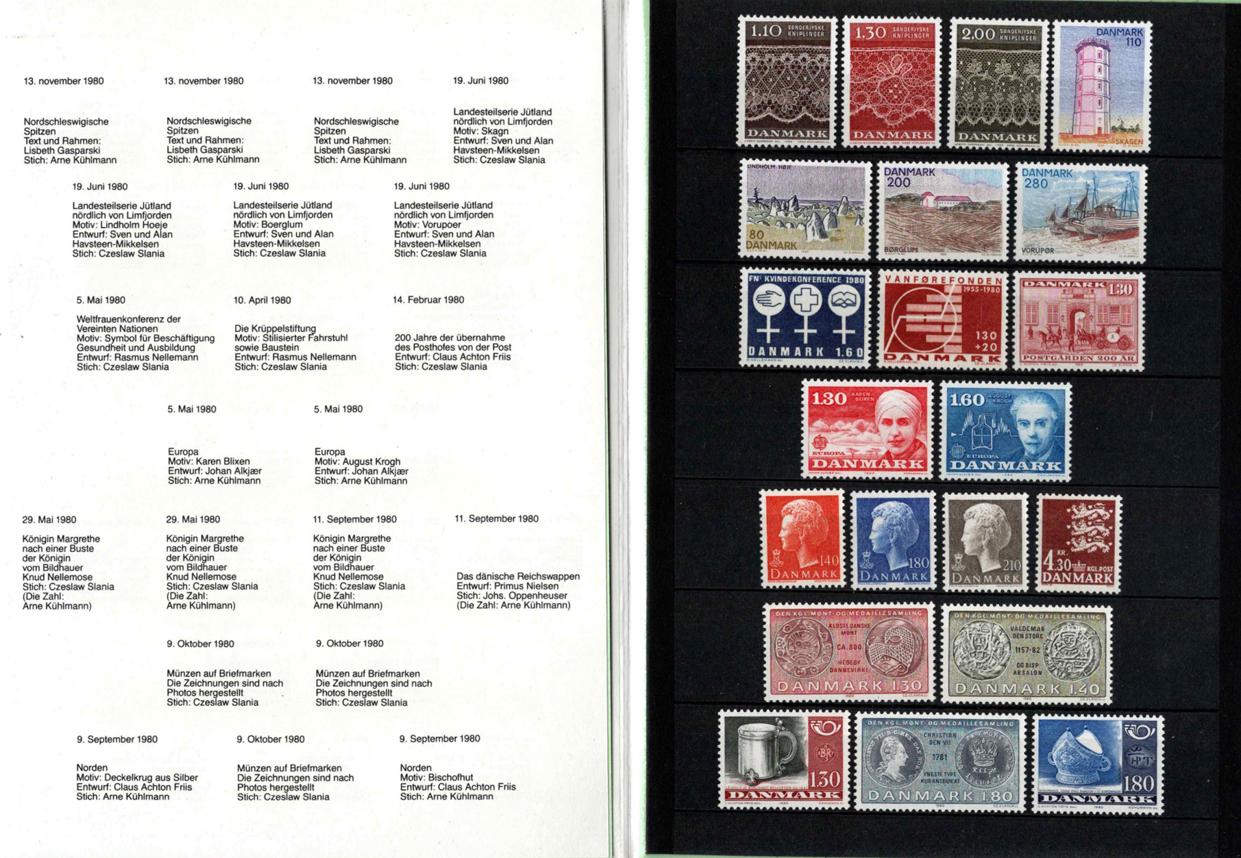 Pilna 1980 m. Danijos pašto ženklų kolekcija originaliame buklete