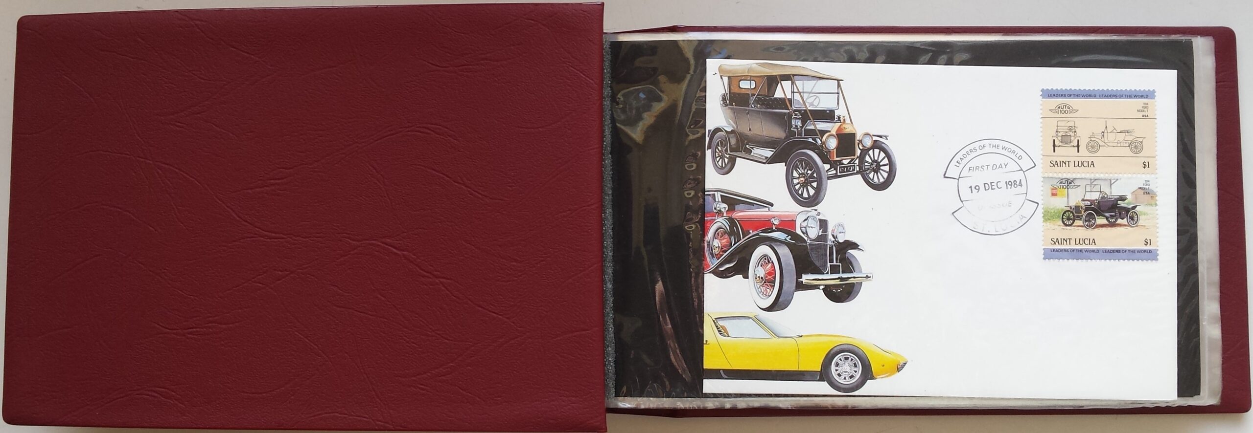 Automobilių teminė pirmos dienos vokų ir atvirlaiškių kolekcija specialiame albume