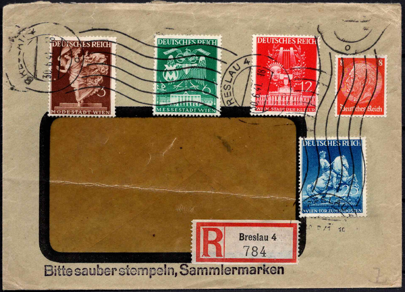 Vokietijos Reicho registruotas vokas, su MiNr 517+768-771 pašto ženklais