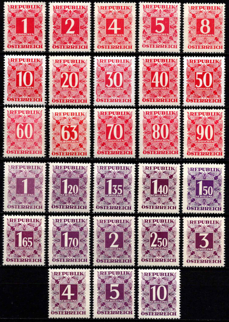 Austrija, pilna specialaus pristatymo ženklų serija, MiNr 232-259 MNH**/MLH*